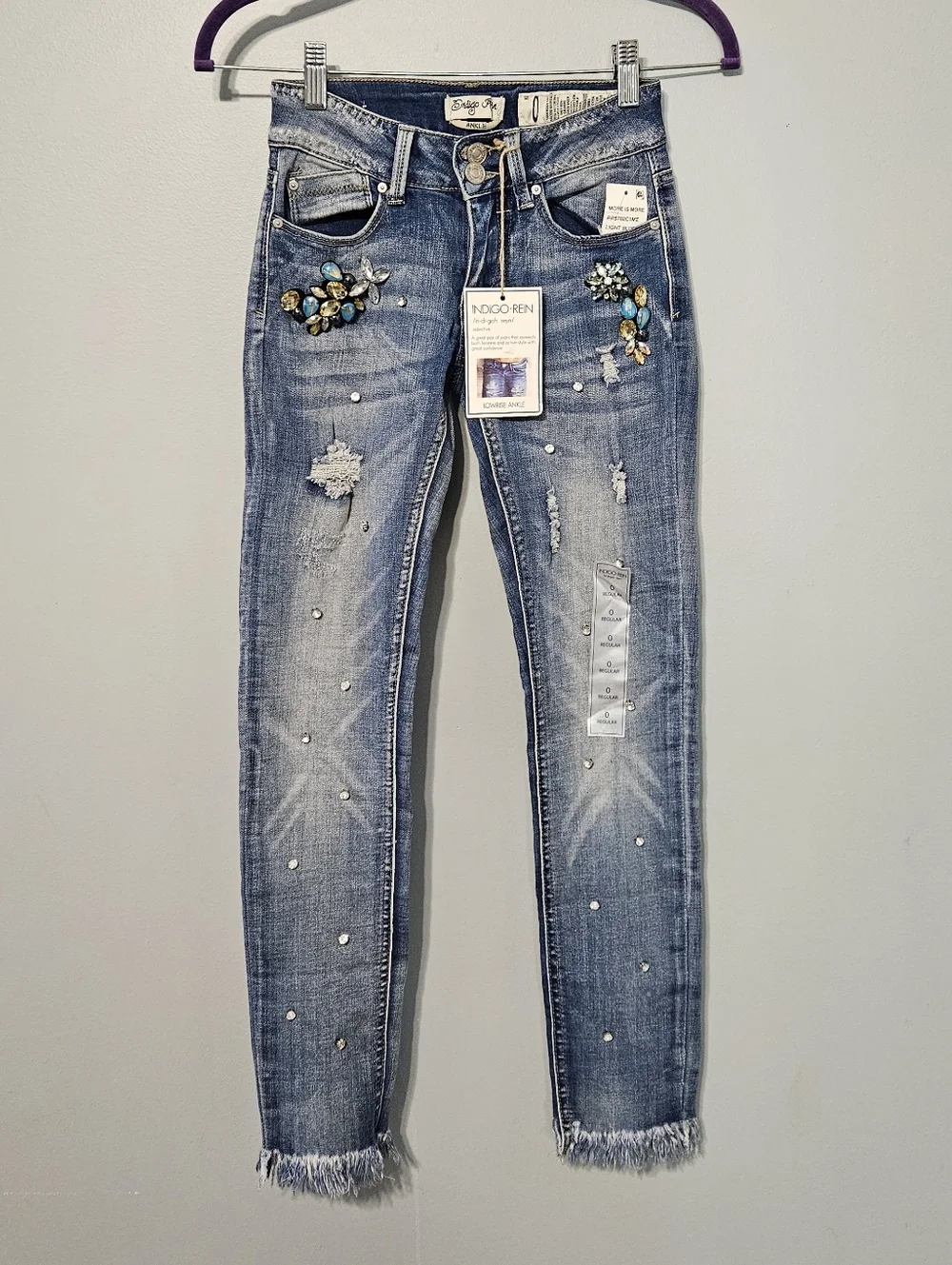 NWT Indigo Rein Blue Skinny Jeans with Jeweled Floral Accents